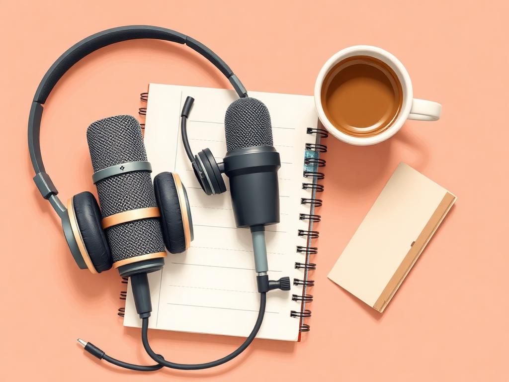 Podcast microphone and notebook